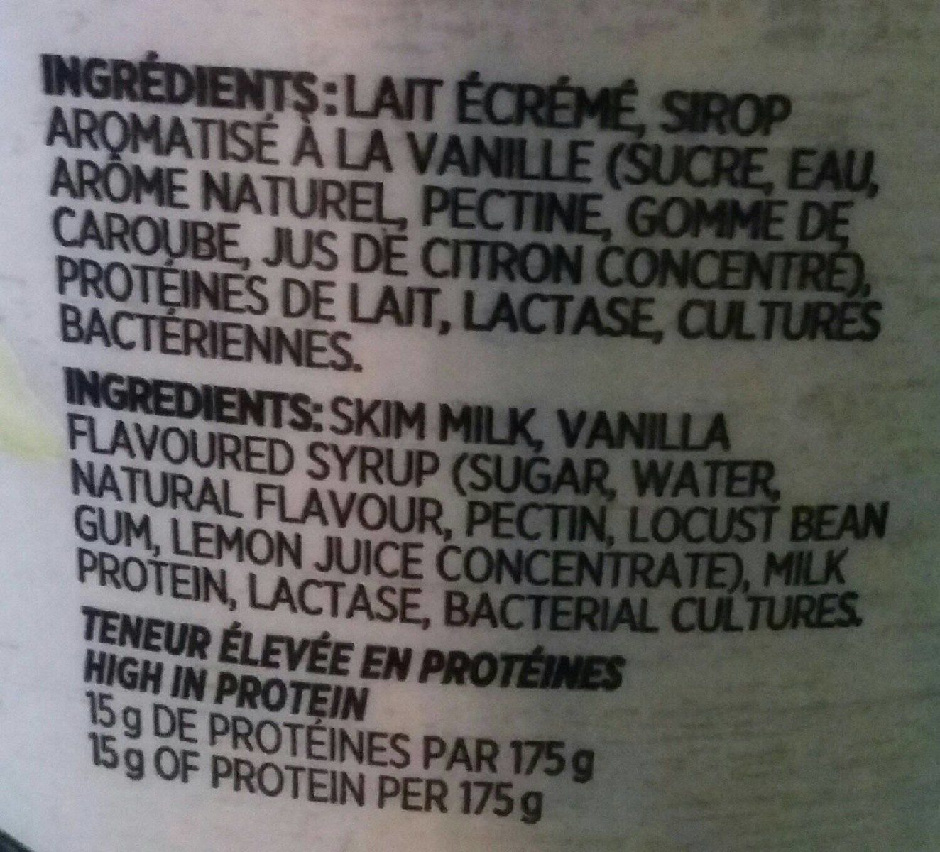 Yogourt vanille - Ingrédients
