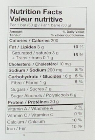 Barre Protein chocolal et beurre d’arachide - Tableau nutritionnel