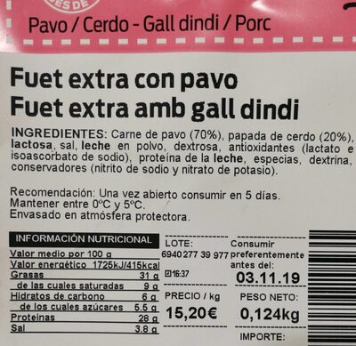 Fuet extra con pavo - Nutrition facts