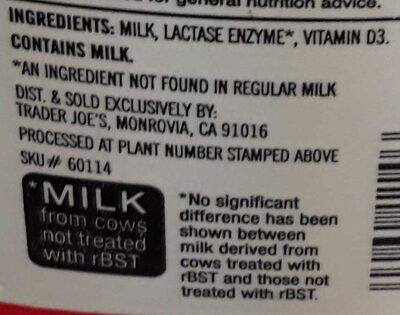 Lactose Free Milk - Ingredients