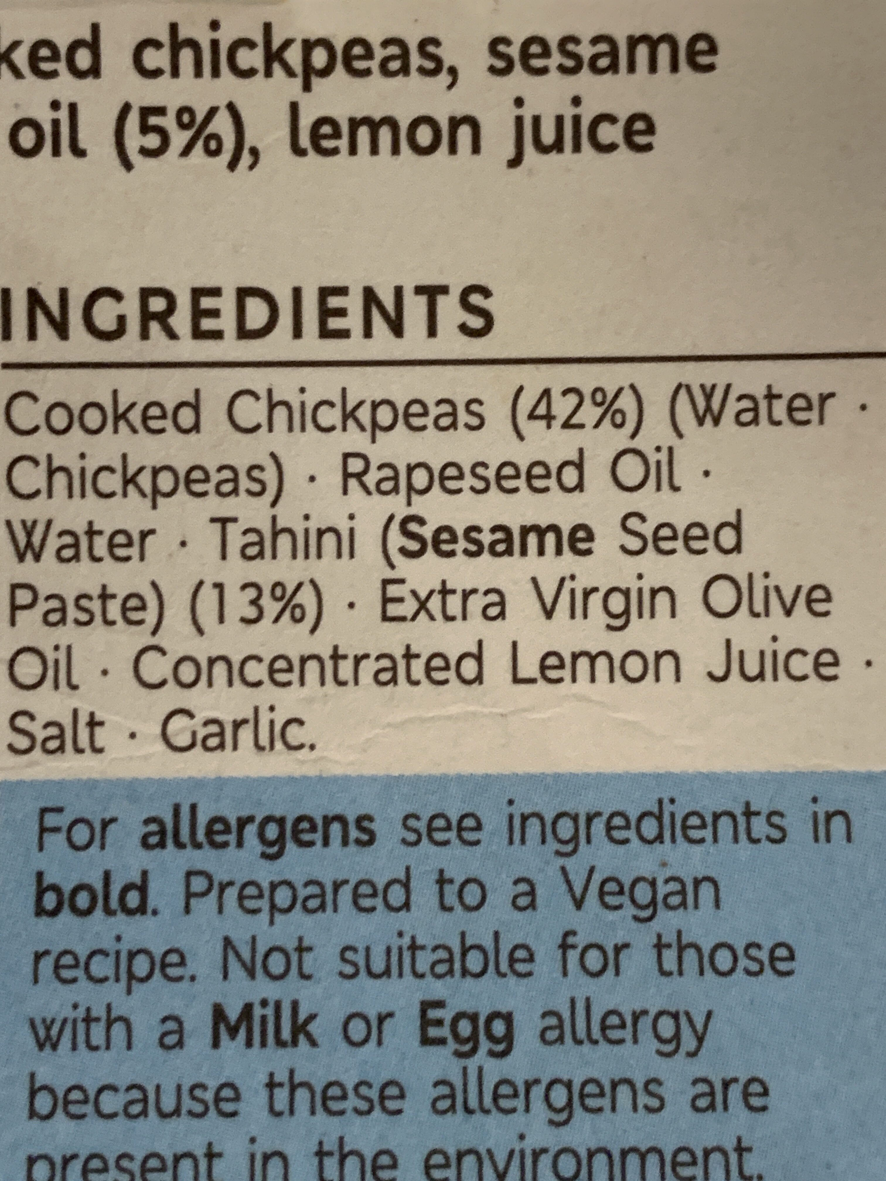 Houmus with Extra Virgin Olive Oli - Ingredients