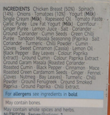 Marks & Spencer   Chicken Saag Masala - Ingrediënten - en