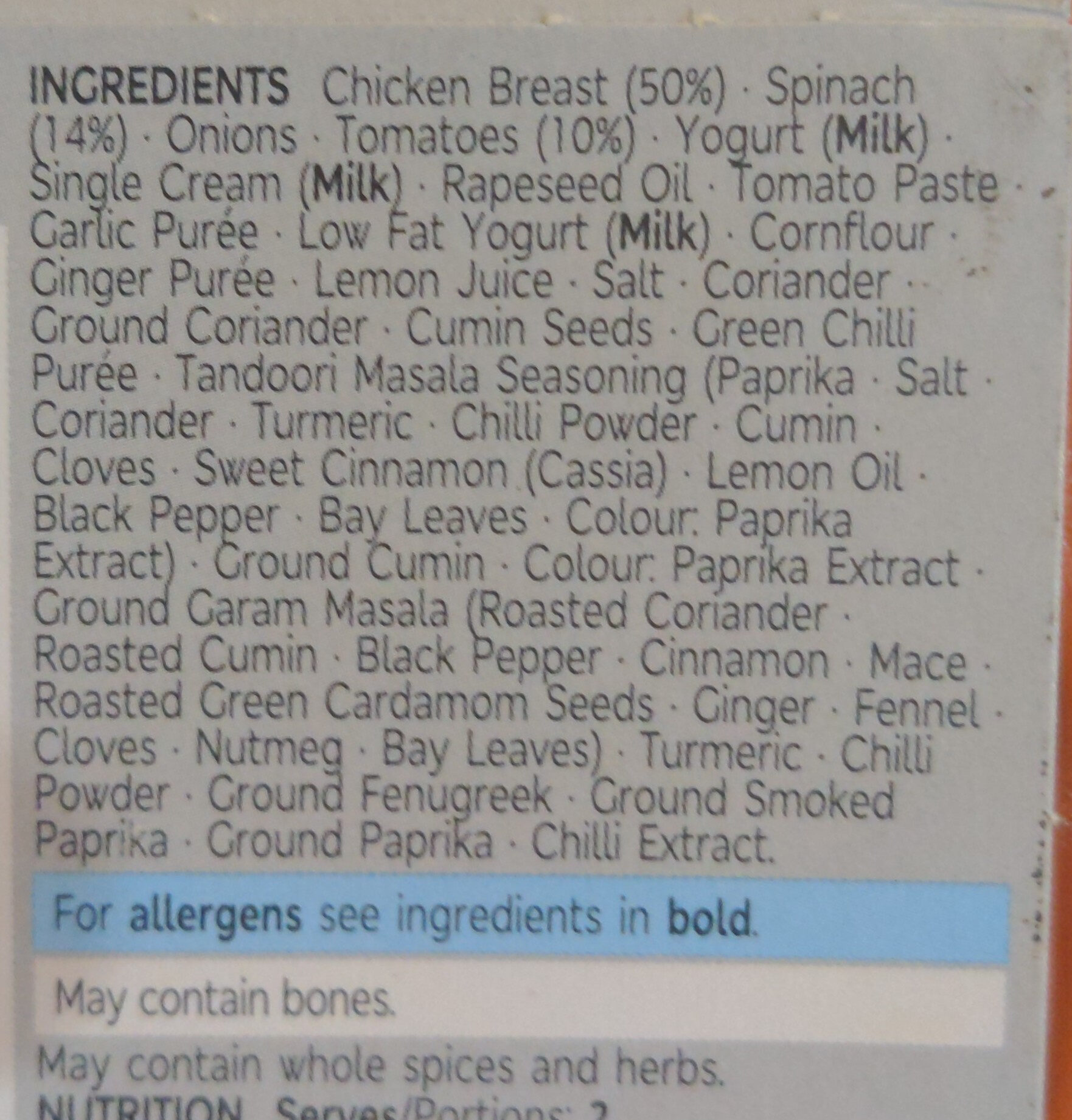Marks & Spencer   Chicken Saag Masala - Ingrediënten - en