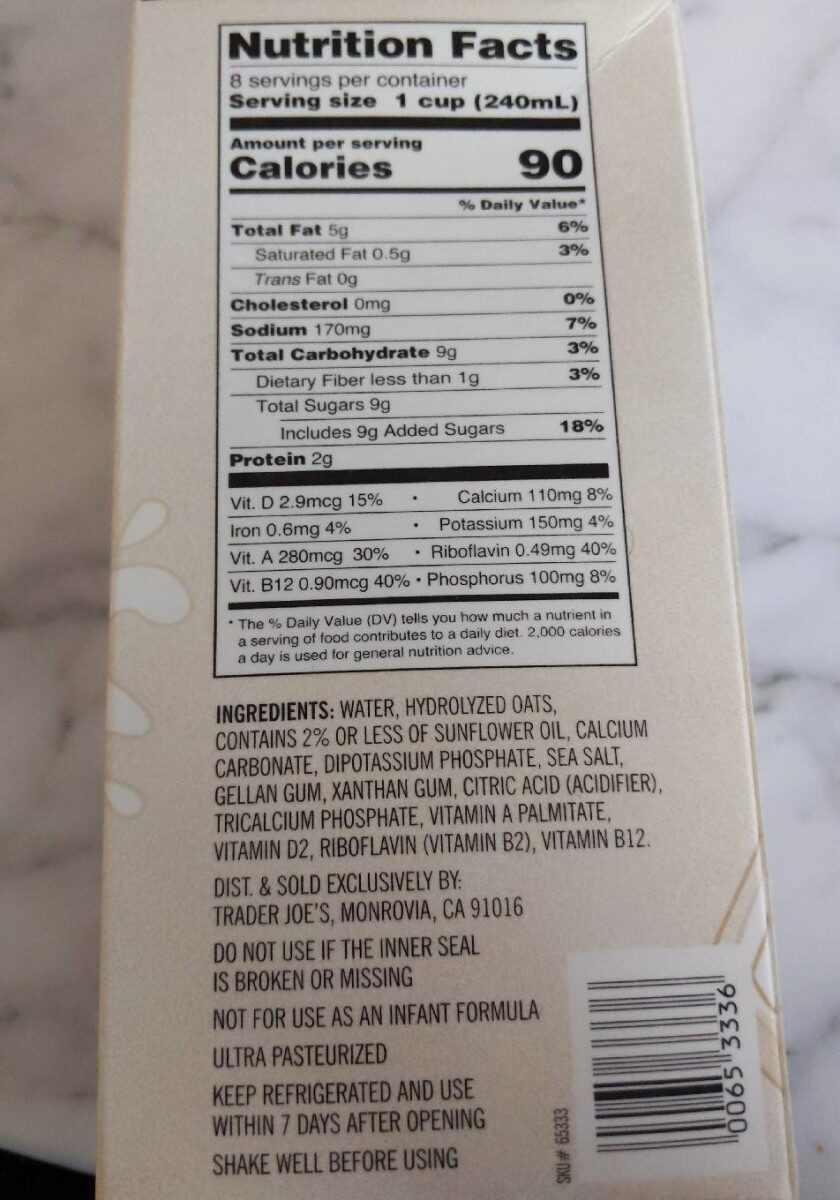 Non Dairy Oat Beverage - Nutrition facts