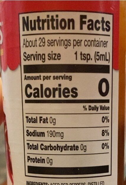 Cajun Hot Sauce, Aged Red Peppers & Garlic - Nutrition facts
