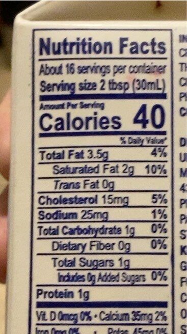 Half-and-half - Nutrition facts