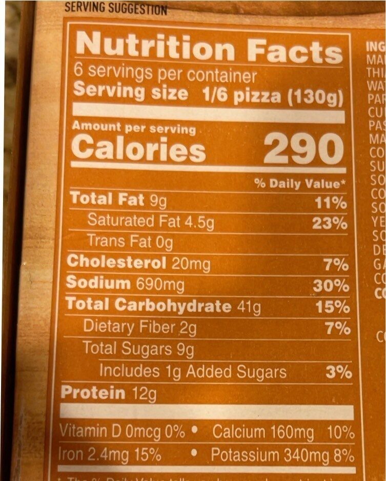 Natural rising canadian style bacon and pineapple frozen pizza - Nutrition facts