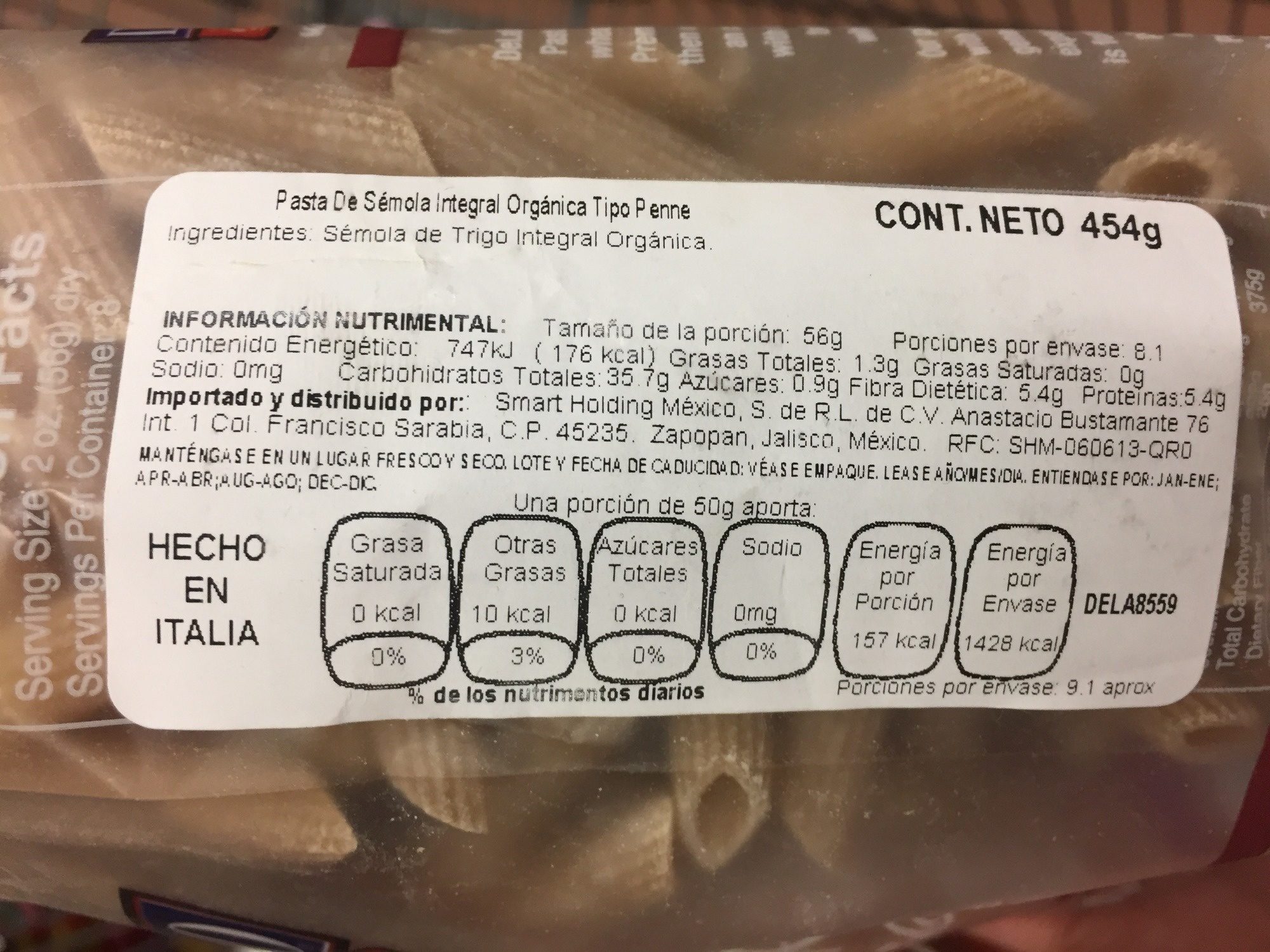 Penne rigate no. 36, 100% whole wheat pasta - Información nutricional