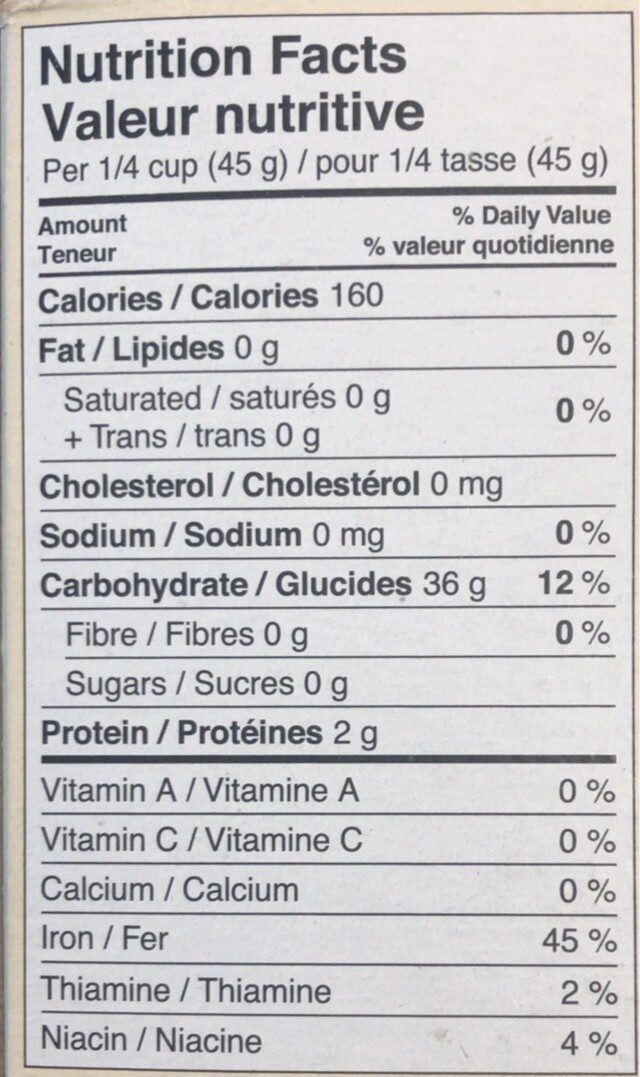 Crème de riz - Nutrition facts