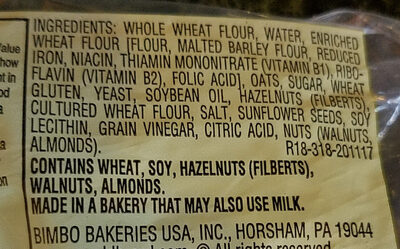 Brownberry oatnut bread - Ingredients
