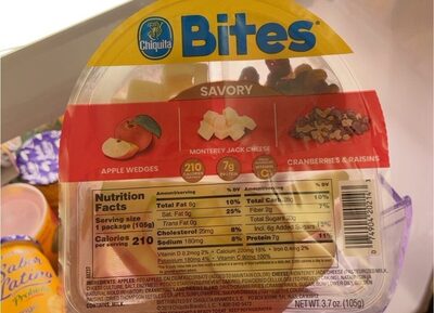 Chiquita Brands, Llc, APPLE WEDGES, MONTEREY JACK CHEESE, CRANBERRIES & RAISINS SAVORY BITES, APPLE WEDGES, MONTEREY JACK CHEESE, CRANBERRIES & RAISINS, barcode: 0074904202143, has 1 potentially harmful, 2 questionable, and
    1 added sugar ingredients.