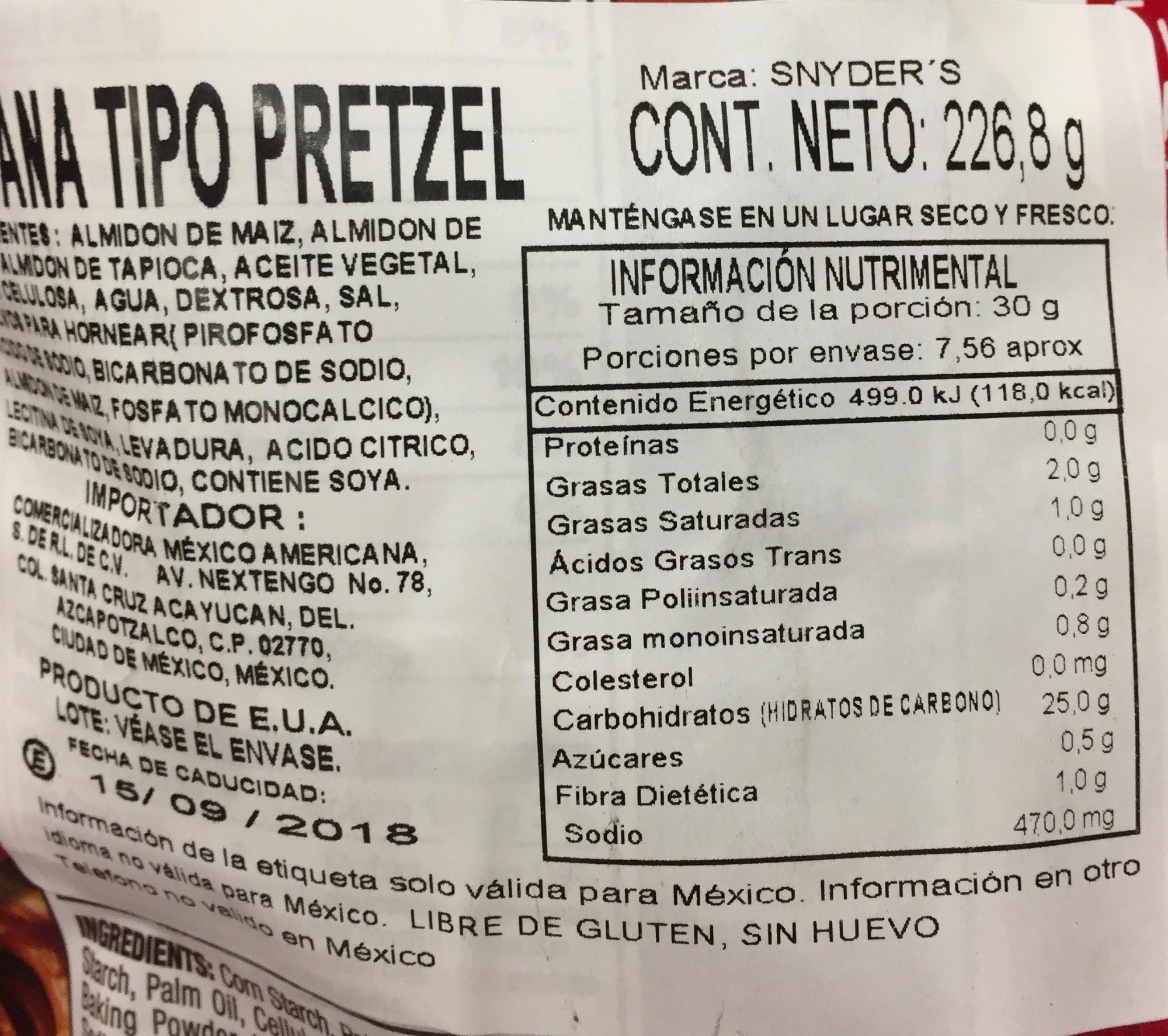 Gluten free mini pretzels - Información nutricional
