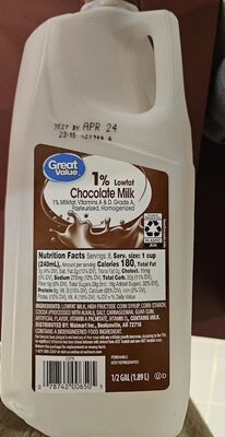 Great value, 1% low fat chocolate milk, chocolate