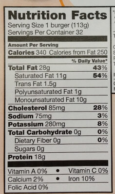 100% pure beef burgers - Nutrition facts