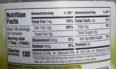 Unrefined Virgin Coconut Oil - Nutrition facts