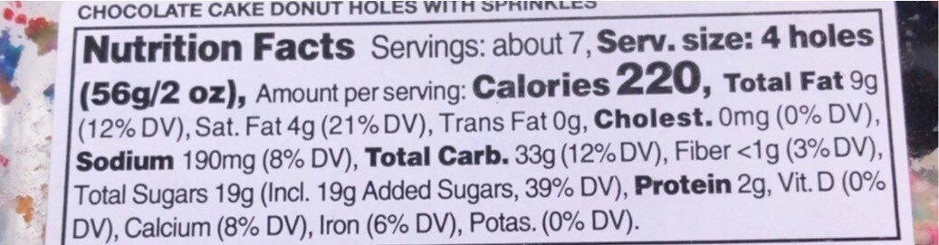 chocolate cake donut holes with sprinkles - Nutrition facts
