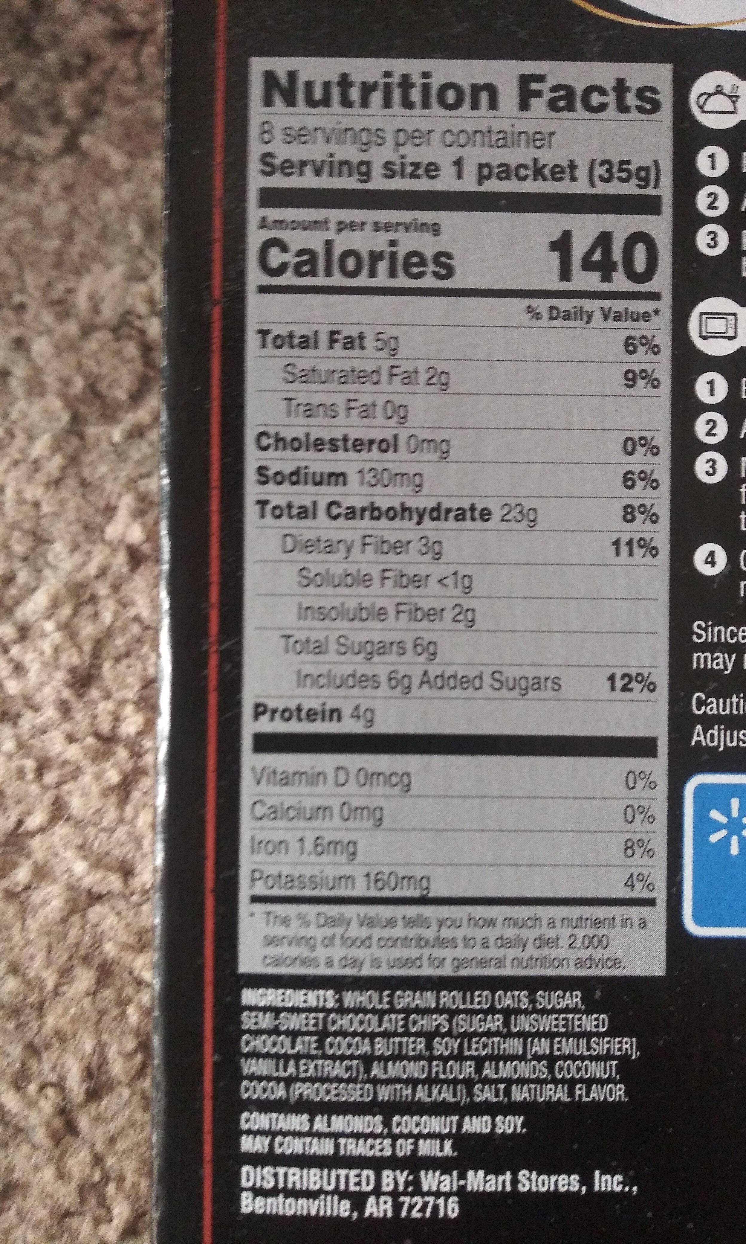 dark chocolate almond coconut instant oatmeal - Nutrition facts