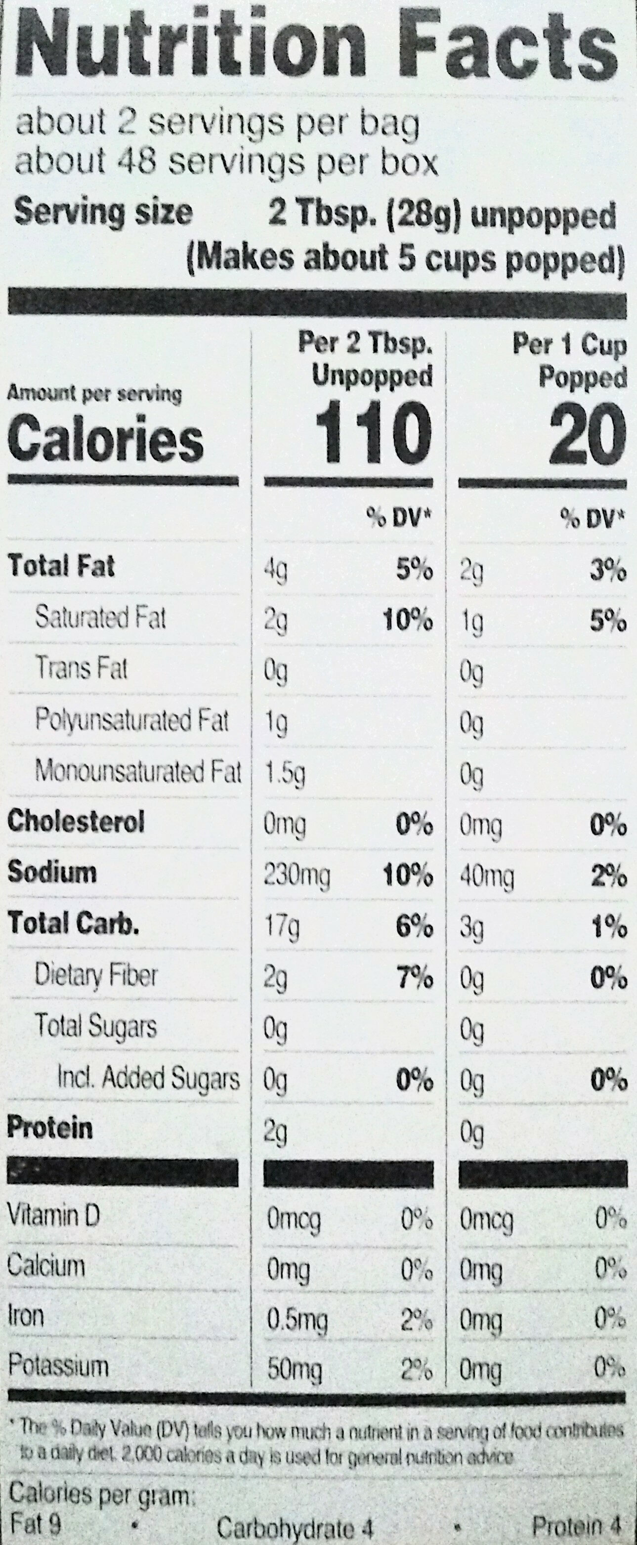 Microwave Popcorn - Nutrition facts