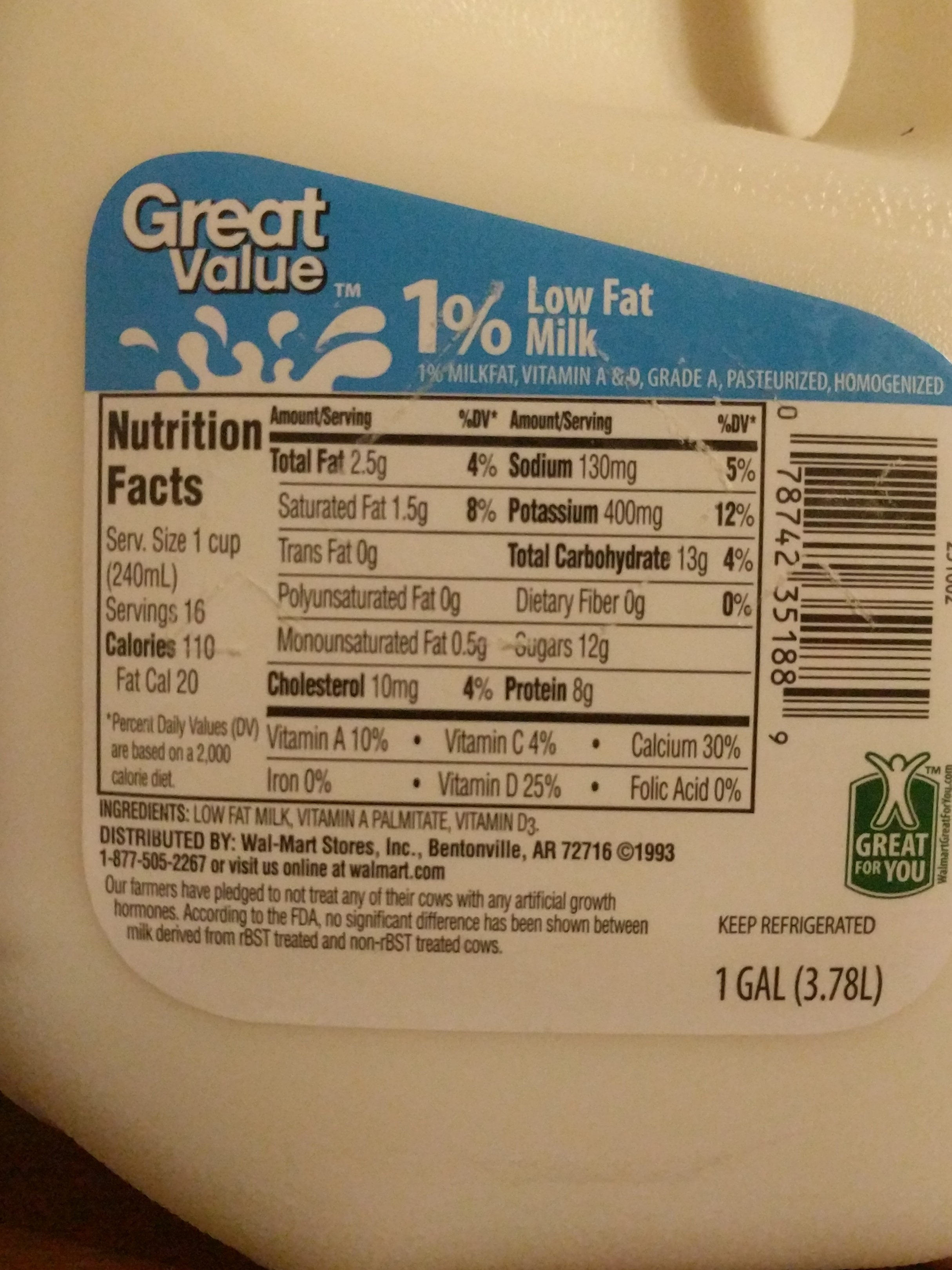 Great value, 1 % low fat milk - Ingredients