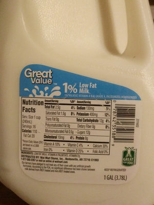 Great value, 1 % low fat milk - Nutrition facts