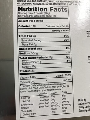 European chocolate cookie product of germany net wt - Nutrition facts
