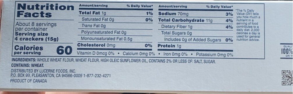Whole wheat water crackers - Nutrition facts