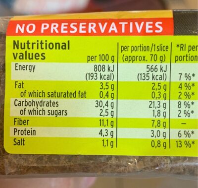 Mestemacher, organic flax seed + chia bread - Nutrition facts