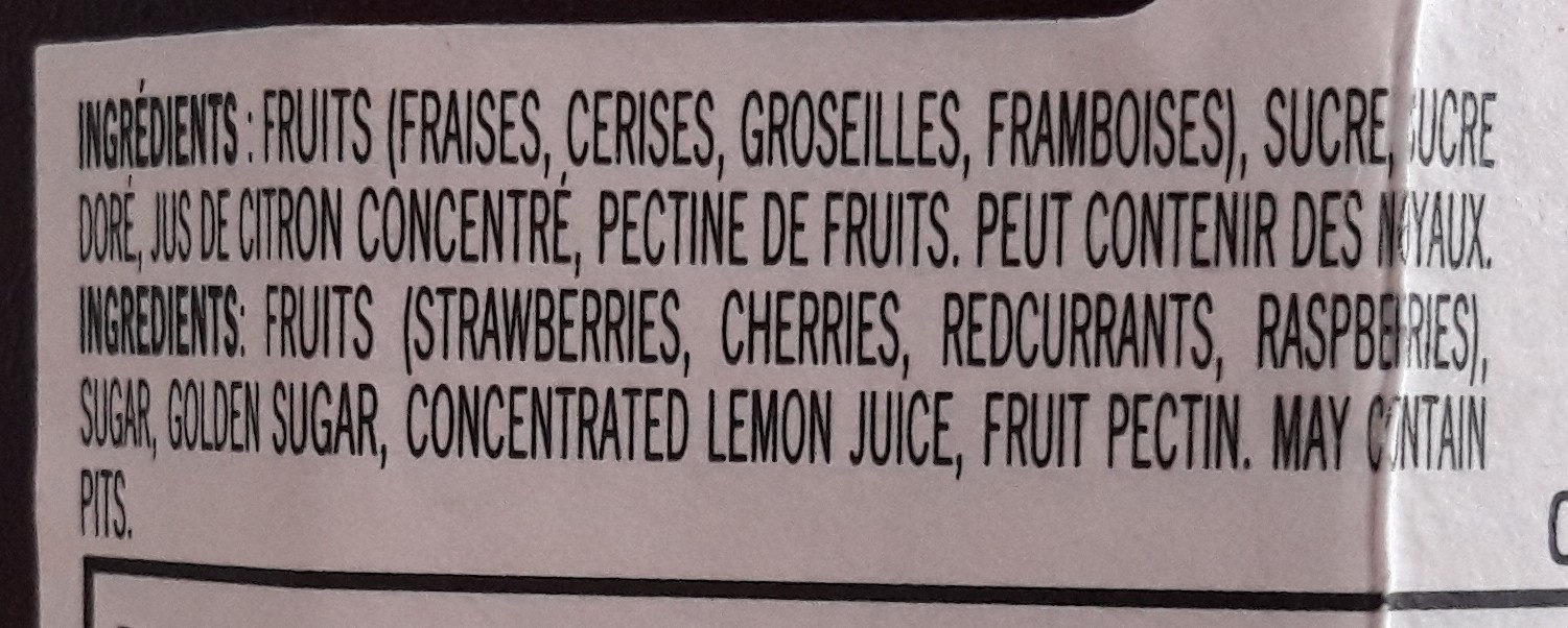 Confiture 4 Fruits - Ingrédients