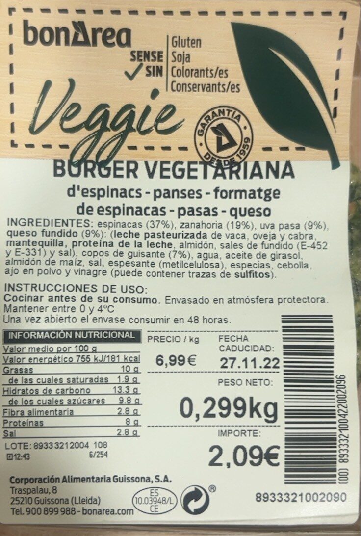 Burge vegetariana - Informació nutricional - es