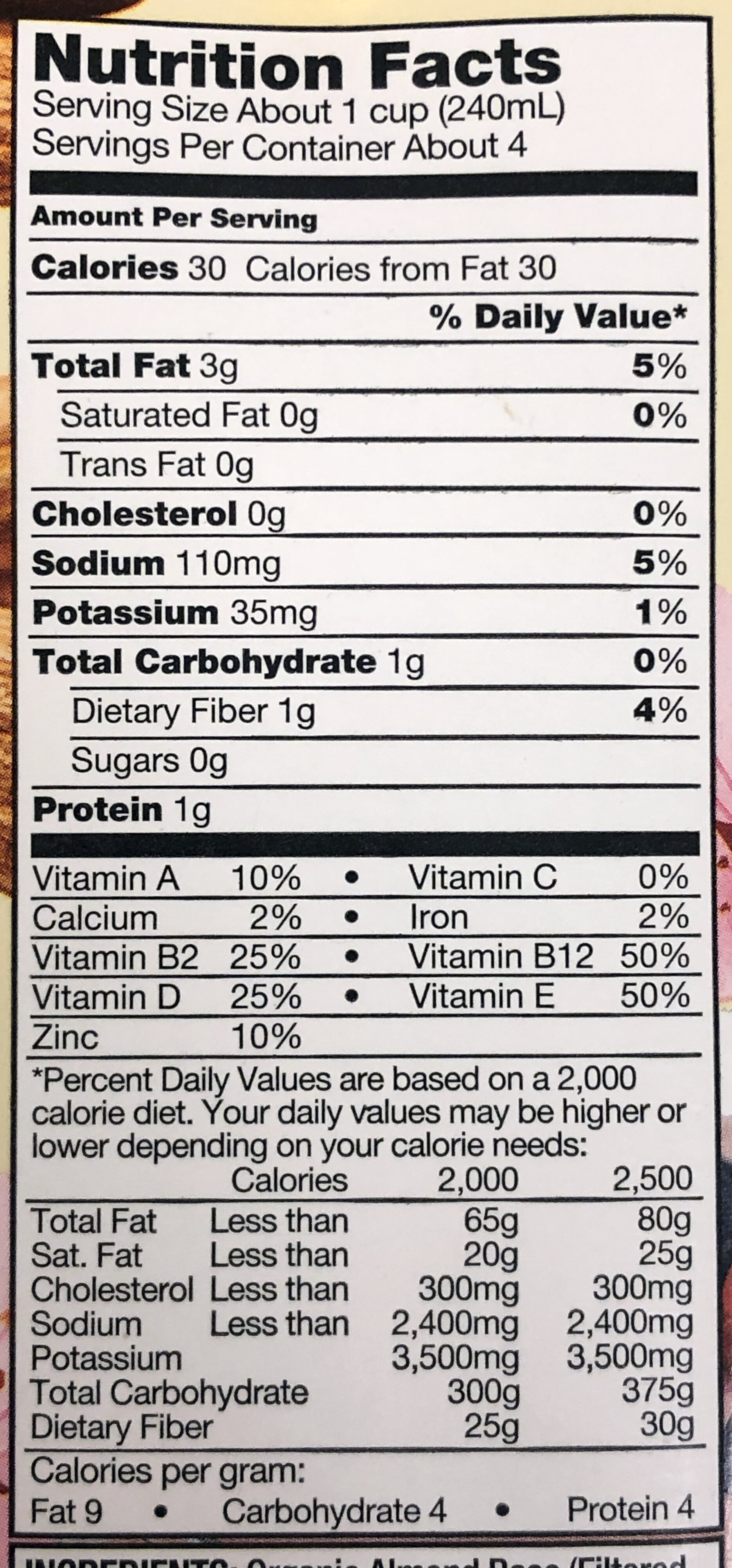 Organic Vanilla Almond Milk - Informació nutricional - en