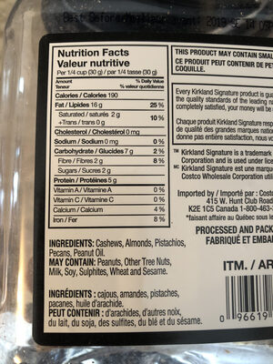 Unsalted Mixed Nuts - Tableau nutritionnel