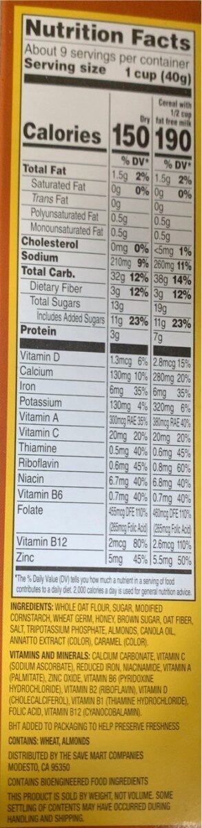 Sunny select honey nut sweetened toasted - Nutrition facts