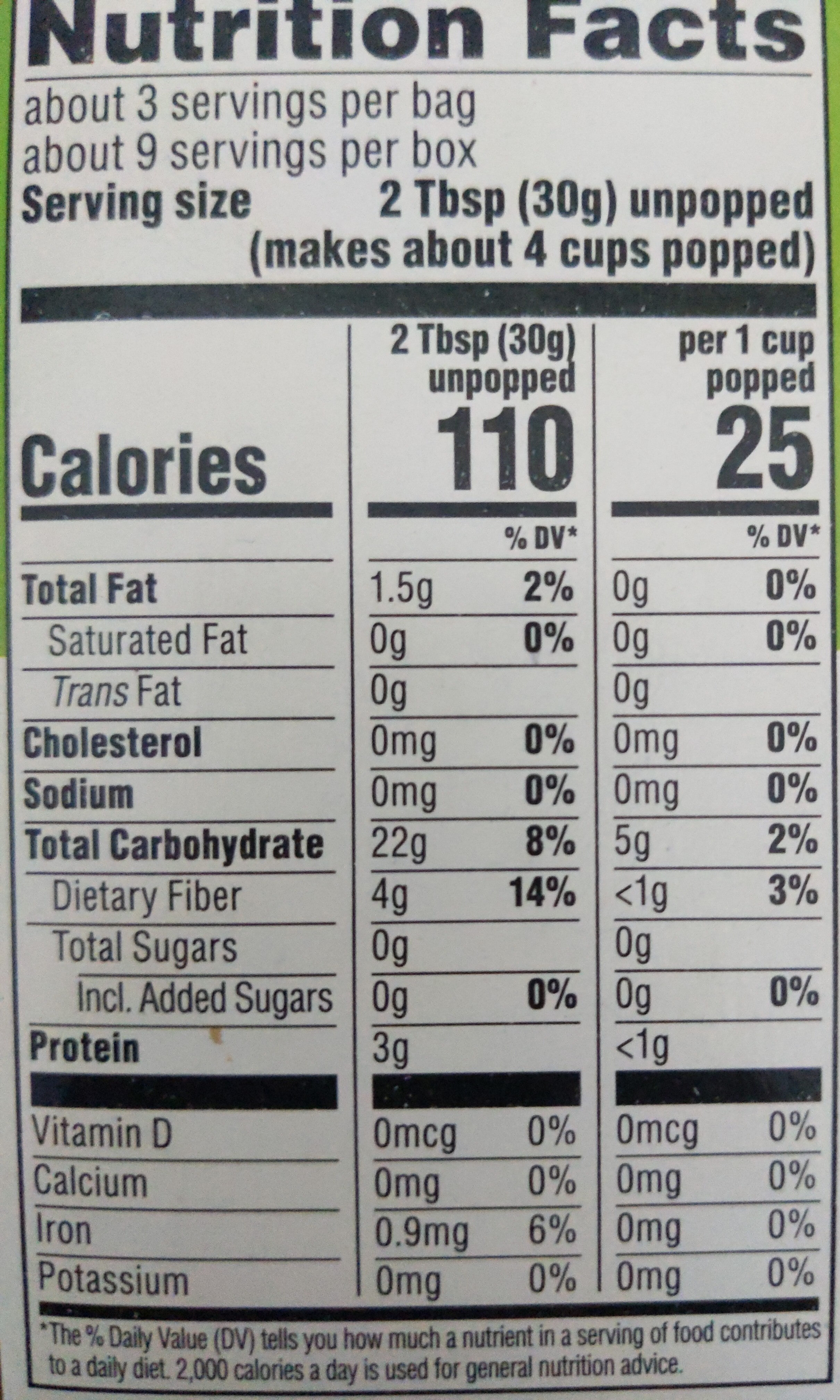 Organic Microwave Popcorn, 3 Bag, 9 oz - Información nutricional - en