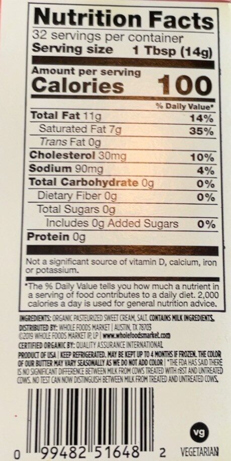 Organic salted butter - Nutrition facts