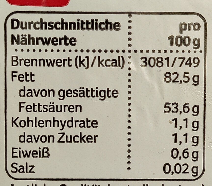 Deutsche Markenbutter aus Weidemilch - Nährwertangaben
