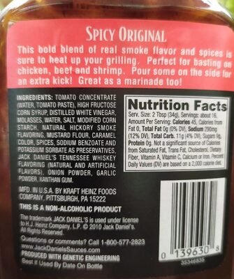 Sauce Barbecue Jack Daniel's Spicy Original - Tableau nutritionnel - en