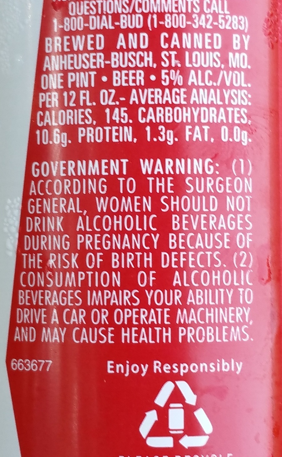 Budweiser - Información nutricional - en
