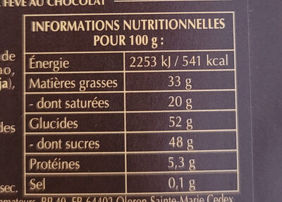 Lindt Dessert Noir 51% - Nutrition facts