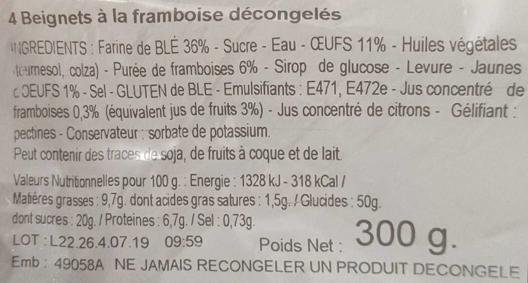Beignets fourrés Framboise - Tableau nutritionnel