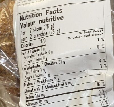 Bread - Tableau nutritionnel - en