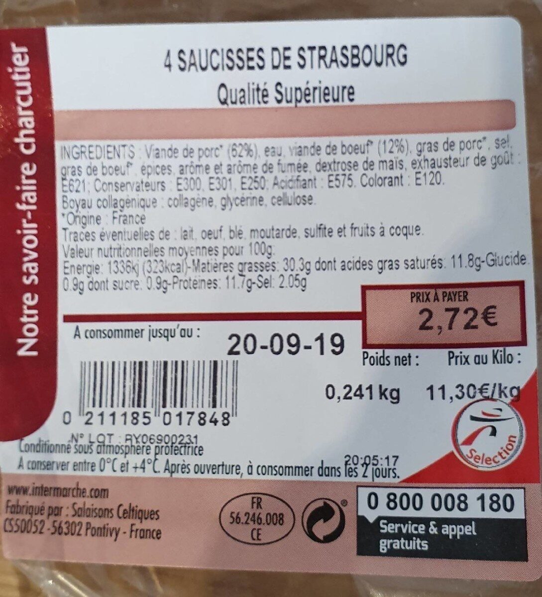 Saucisse de Strasbourg - Nutrition facts - fr