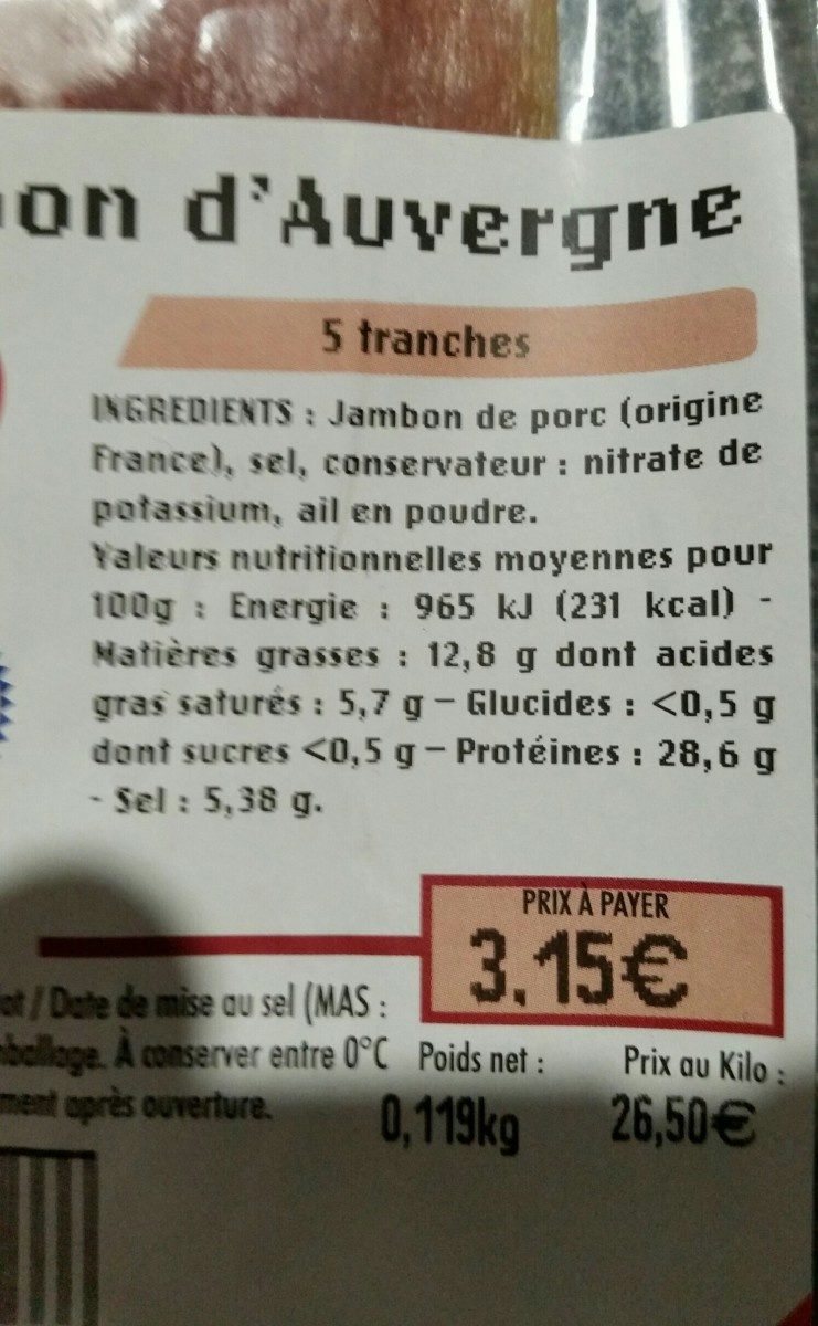 Jambon d'Auvergne - Ingrédients