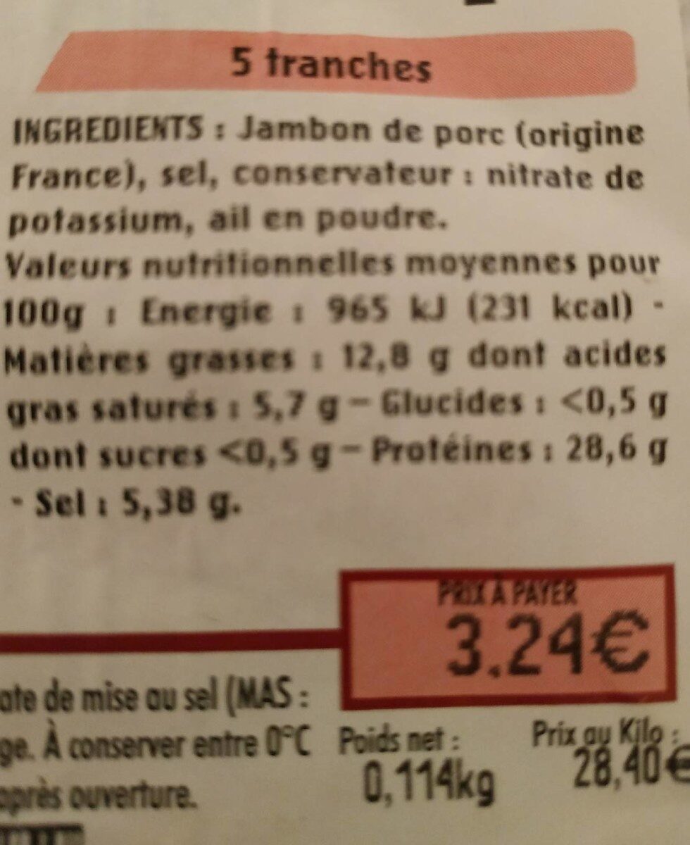 Jambon d'Auvergne - Tableau nutritionnel