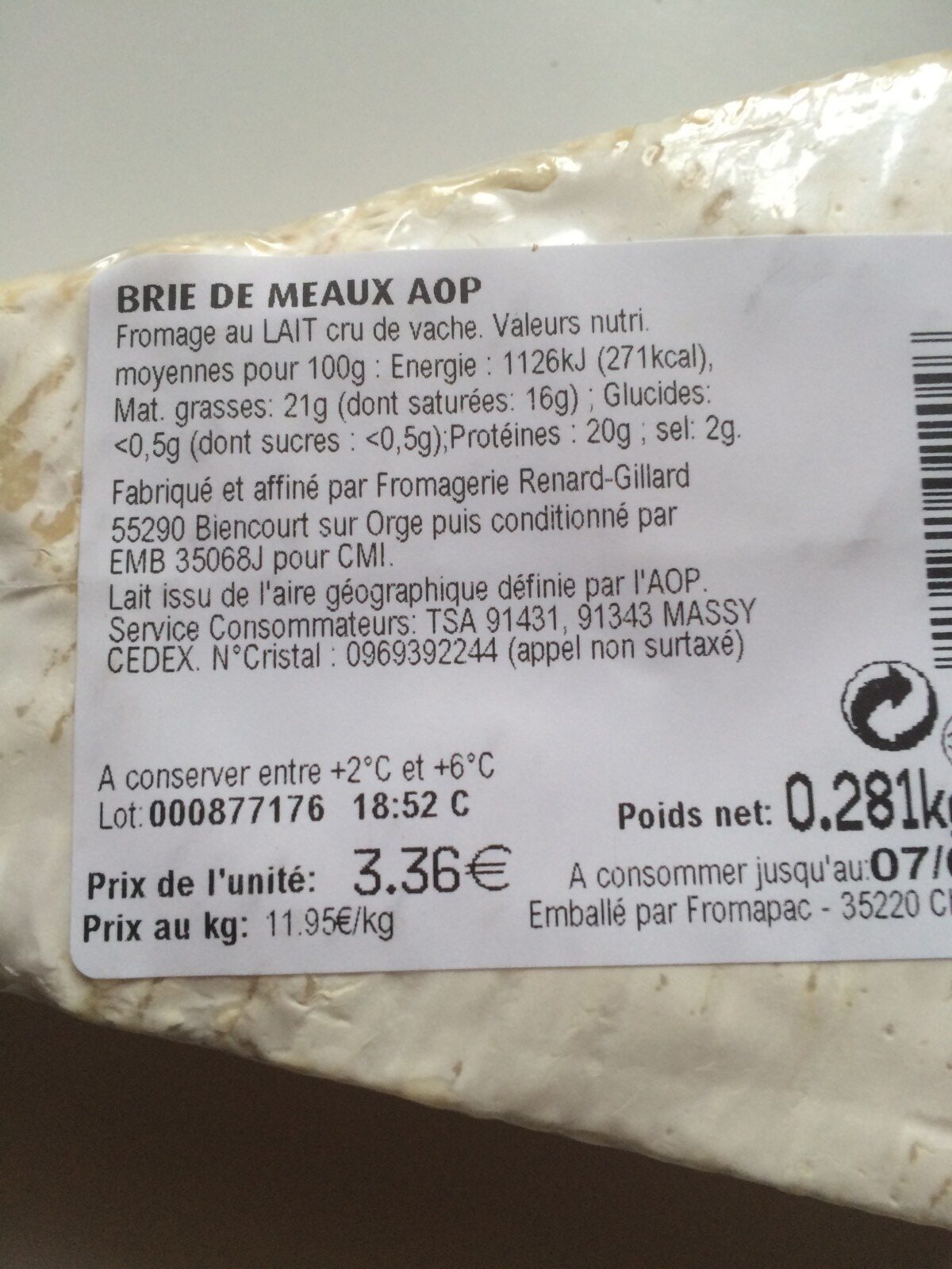BRIE DE MEAUX AOP AU LAIT CRU - Ingredients - fr