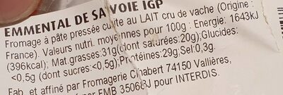 Emmental de Savoie au lait cru - Tableau nutritionnel