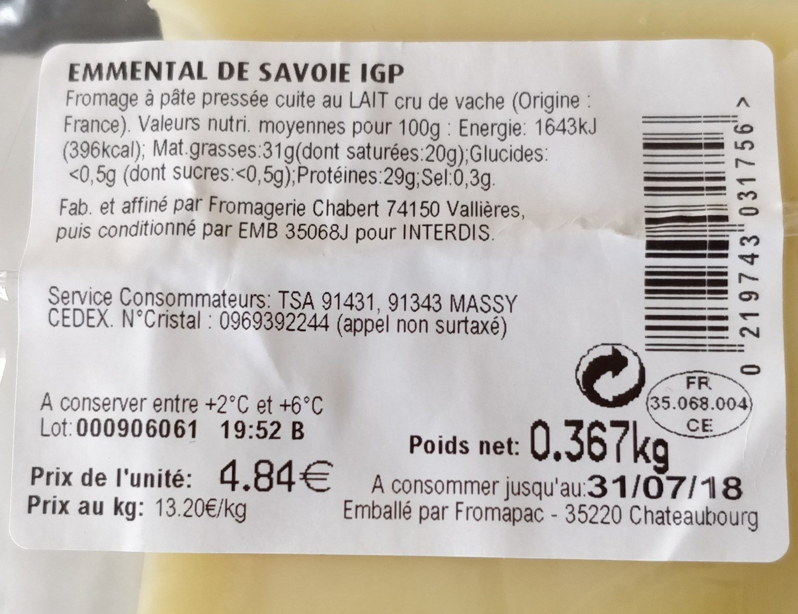 Emmental de Savoie IGP - Ingrédients