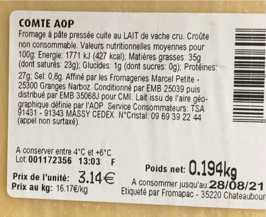 comte aop - Valori nutrizionali