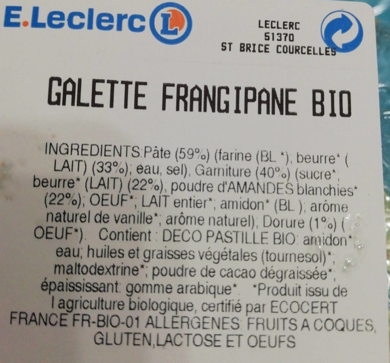 Galette frangipane bio - Ingrédients