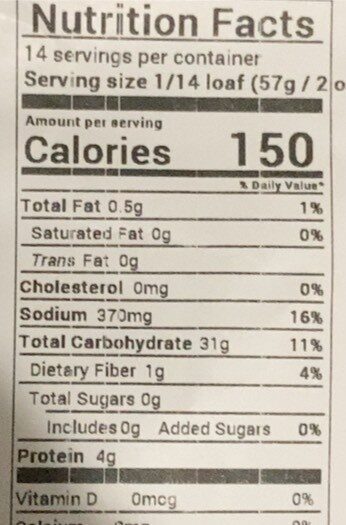 Baked in store sliced tuscan loaf - Nutrition facts