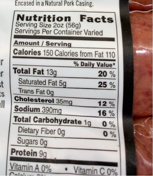 Beef smoked sausage - Nutrition facts